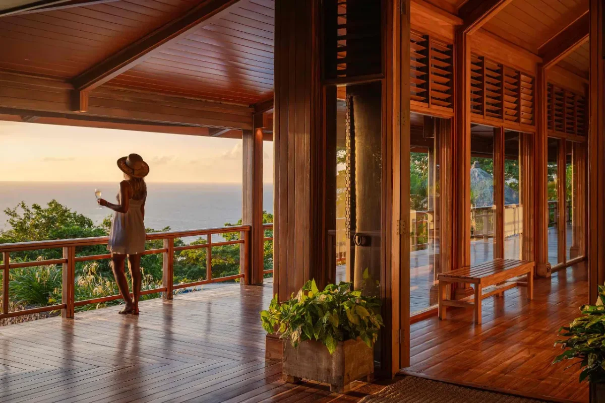 Ocean view wooden terrace and sunset background at The Wakaya Club & Spa Fiji