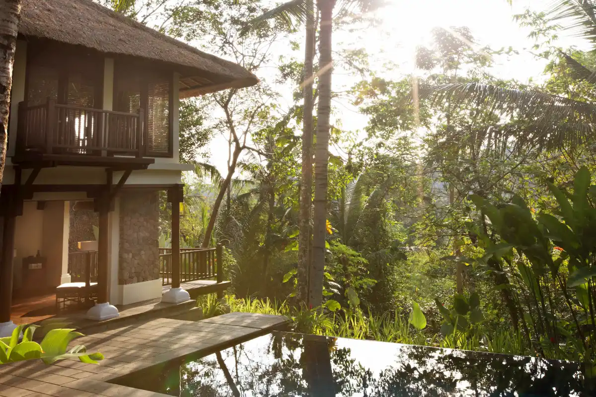 Private pool and traditional architecture of a 600m² villa at Kayumanis Ubud Private Villa & Spa in Sayan Village, Bali.