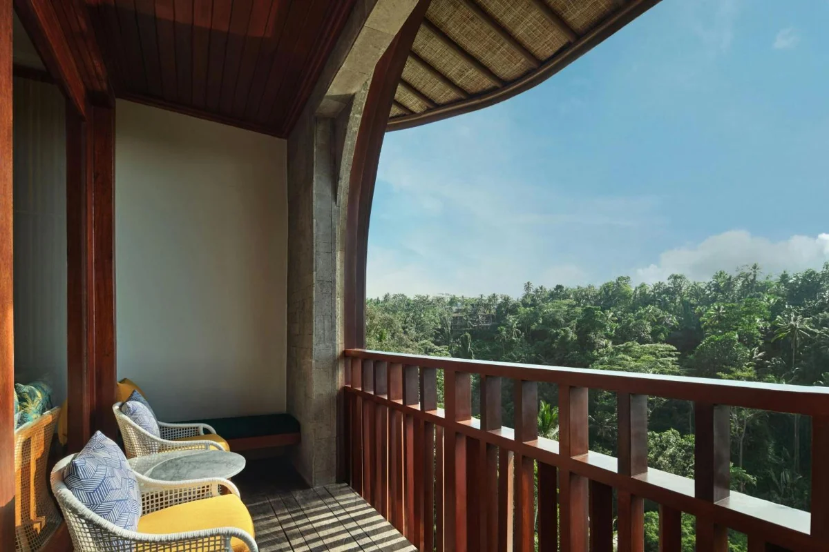 Private wooden balcony with jungle views at Hiliwatu Bali Ubud Resort suite
