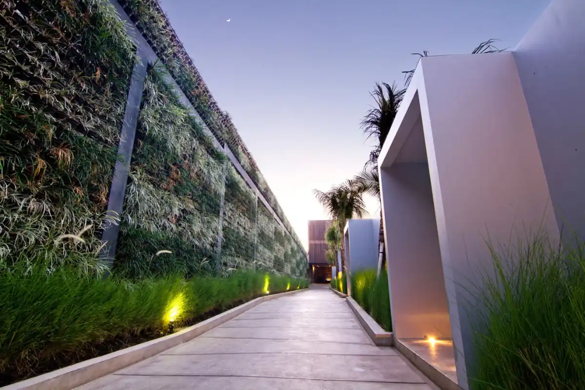 Vertical garden wall and entrance walkway to private villas at One Eleven Retreat Seminyak