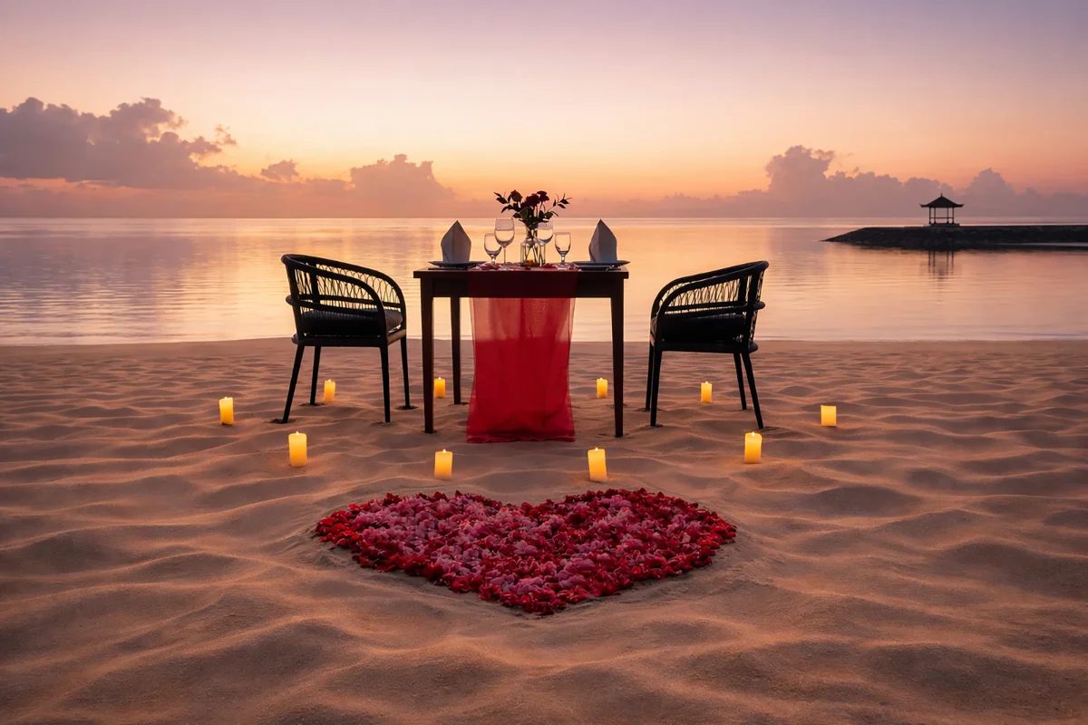 Private romantic dining setup on the beach at eL Hotel & Resort Bali Sanur with candles and rose petals.