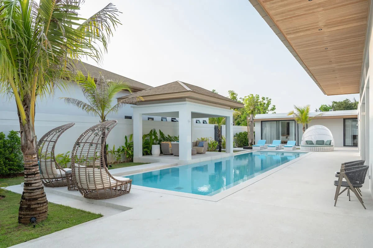 Private saltwater pool, covered gazebo, and sun loungers at Ming Resort Phuket luxury family villa